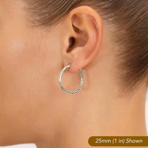 Stunning 10K White Gold Hand-Engraved Diamond-Cut Hoop Earrings - Crafted in the USA.