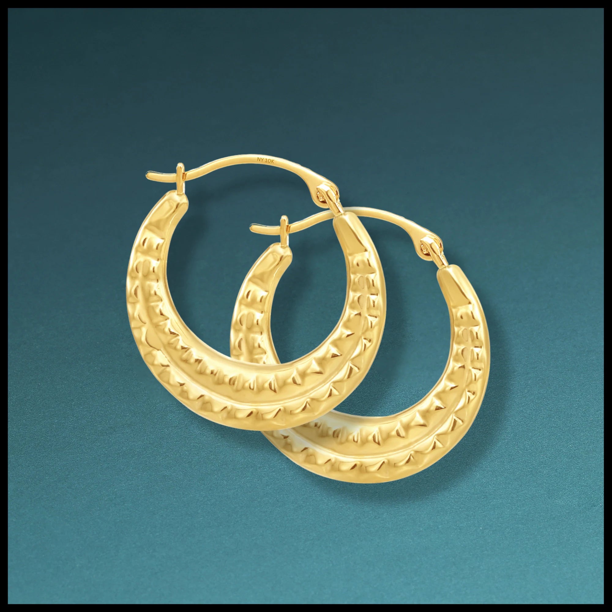 10K Yellow Gold Alligator Textured Pattern Hoop Earrings, 19Mm Medium Hoops, Handmade in NYC, by TILO Jewelry
