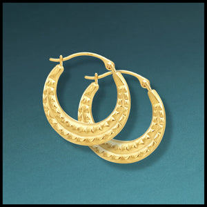 10K Yellow Gold Alligator Textured Pattern Hoop Earrings, 19Mm Medium Hoops, Handmade in NYC, by TILO Jewelry