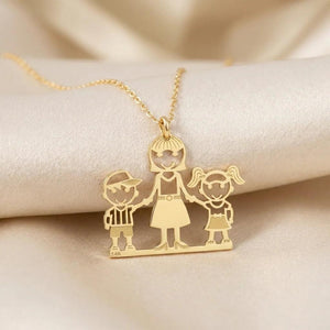 Beautiful 14K Yellow Gold Mom and Children Pendant Necklace.