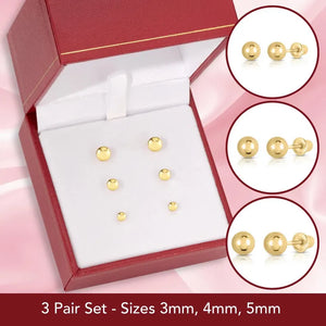 Bundle SET of 3! 14K Yellow Gold Ball Stud Earrings with Screw Backings, Unisex