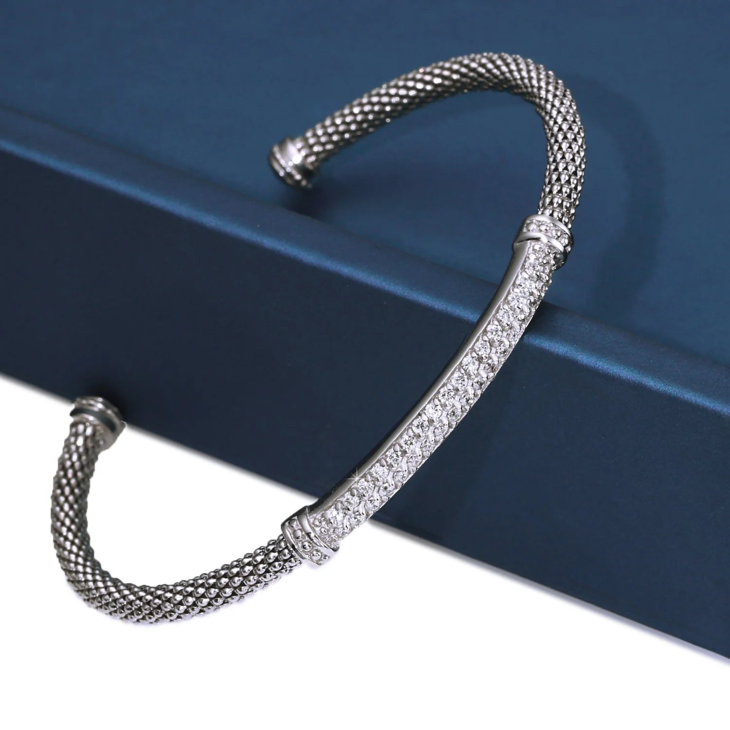Sterling Silver Simulated Diamond Bar Cuff Italian Bracelet, Fits 7In-8In