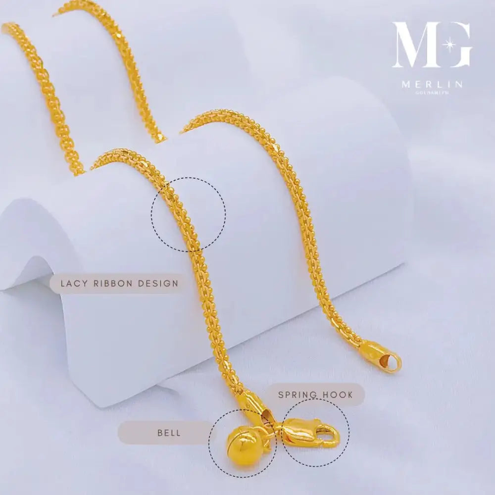 22K 916 Gold (1.7Mm) Lacy Ribbon Chain Anklet with Dangle Bell