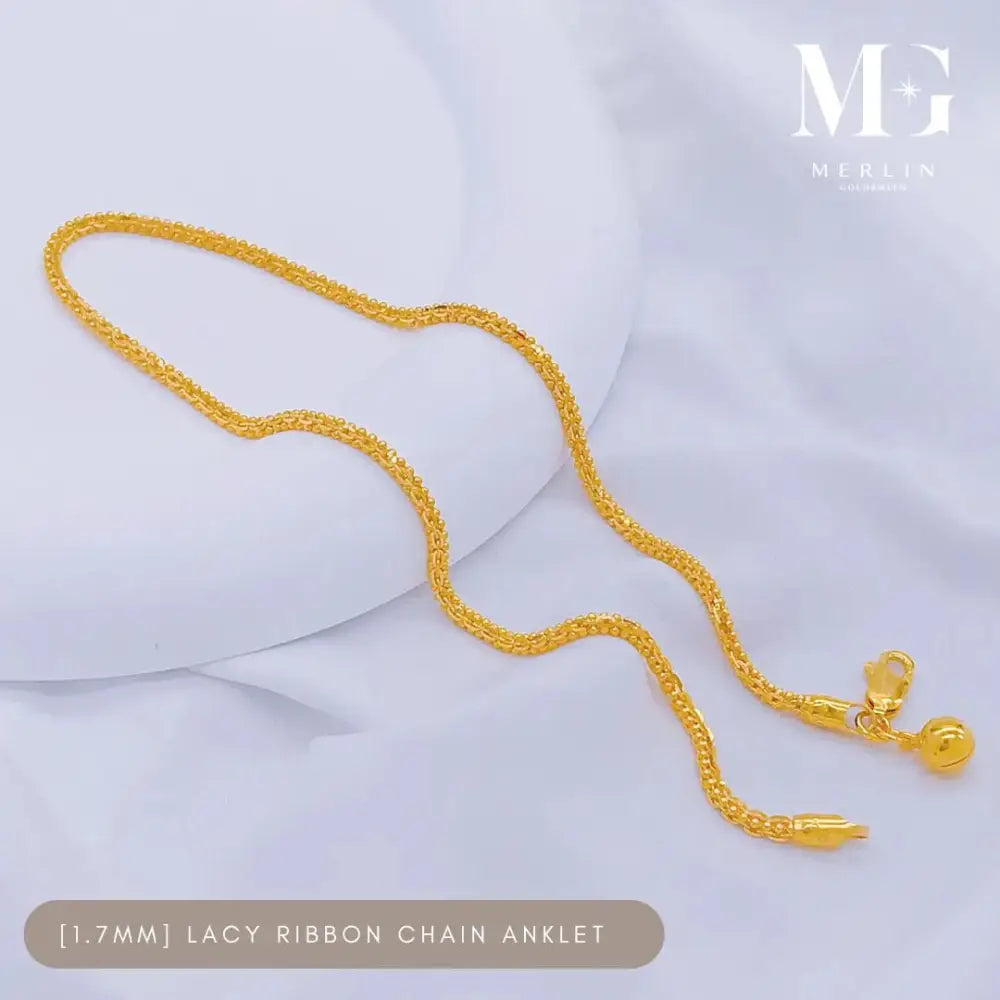 22K 916 Gold (1.7Mm) Lacy Ribbon Chain Anklet with Dangle Bell