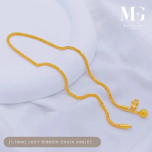 22K 916 Gold (1.7Mm) Lacy Ribbon Chain Anklet with Dangle Bell