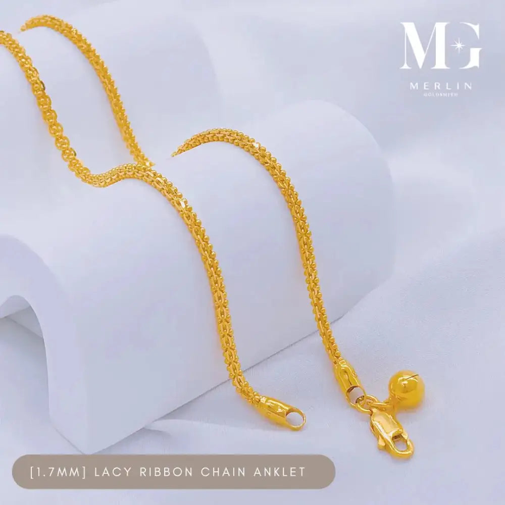 22K 916 Gold (1.7Mm) Lacy Ribbon Chain Anklet with Dangle Bell