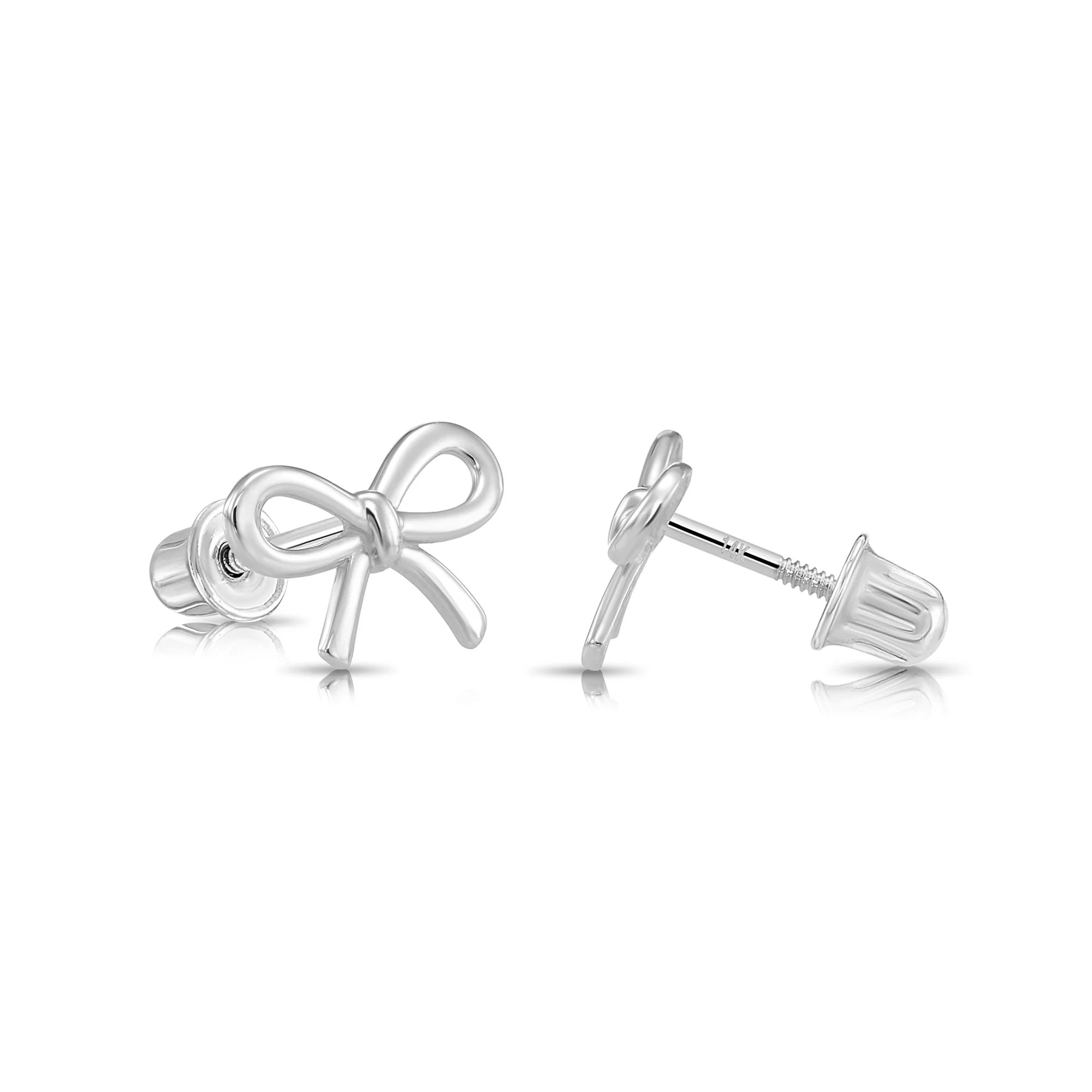 14K Solid White Gold Ribbon Bow Stud Earrings, with Secure Screw-Backs