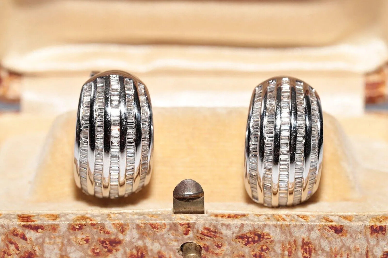 Vintage Circa 1990S 18K Gold Natural Baguette Cut Diamond Decorated Earring