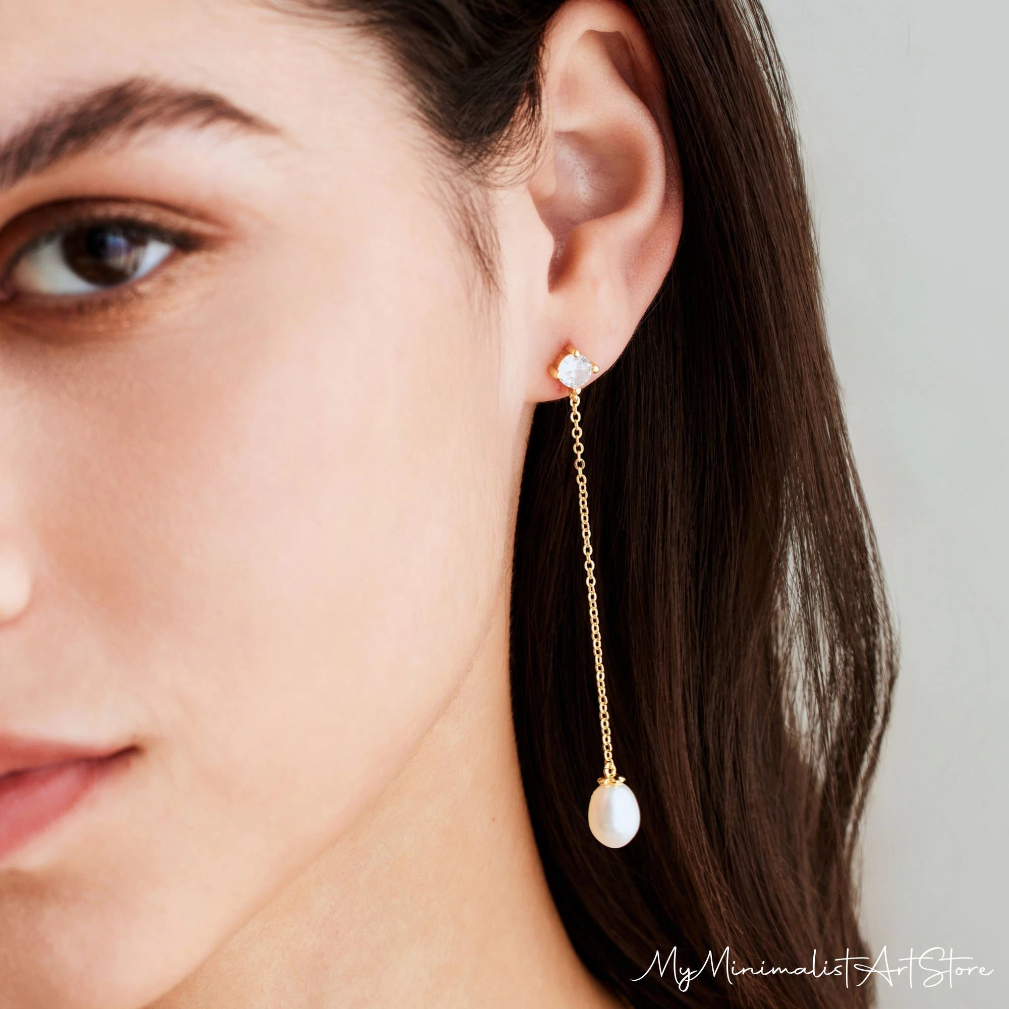 Dainty Pearl Drop Earrings with Diamond, Gold Dangle Earrings, Bridal Earrings, Long Pearl Earrings, Wedding Jewelry,Bridesmaid Gift for Her