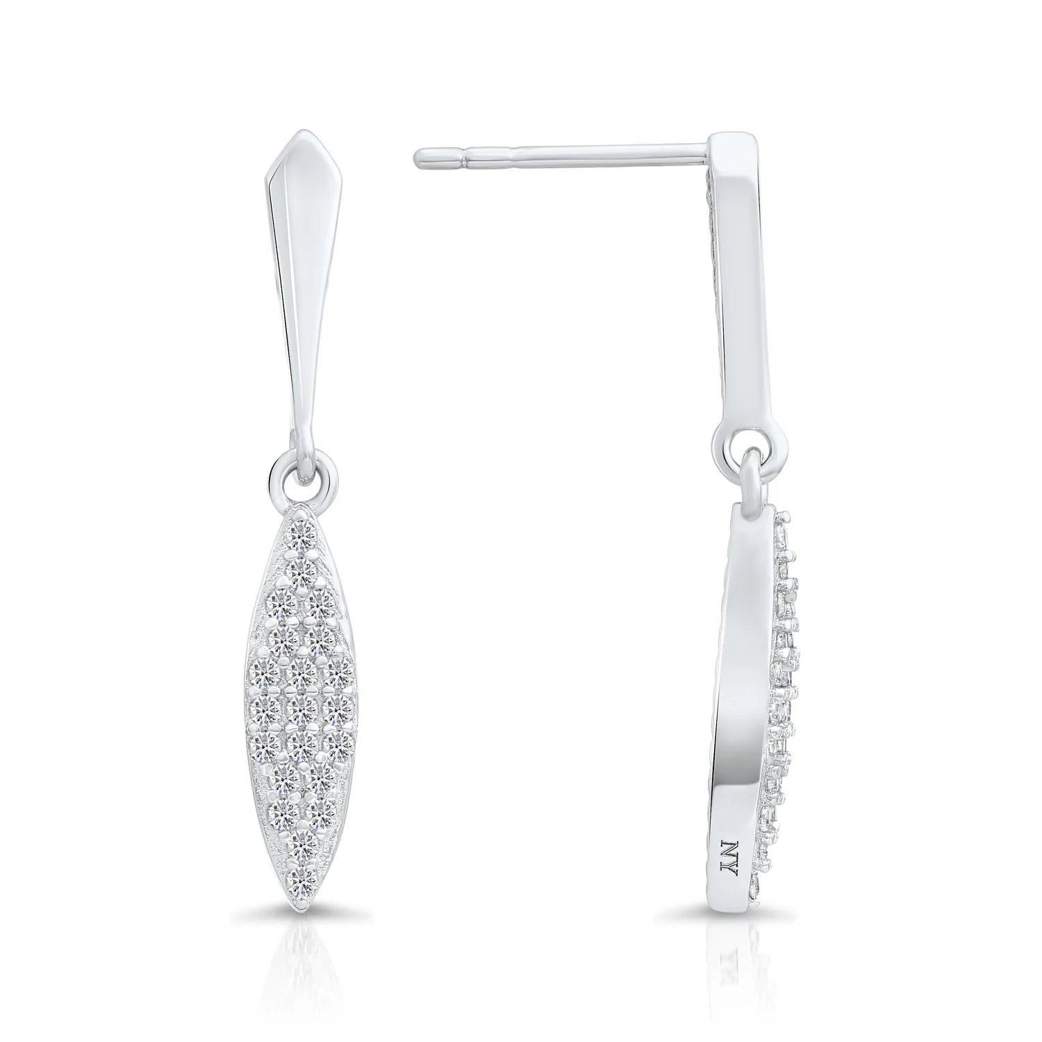 Gorgeous Sterling Silver CZ Willow Leaf Dangle Stud Earrings - Slim and Stylish.