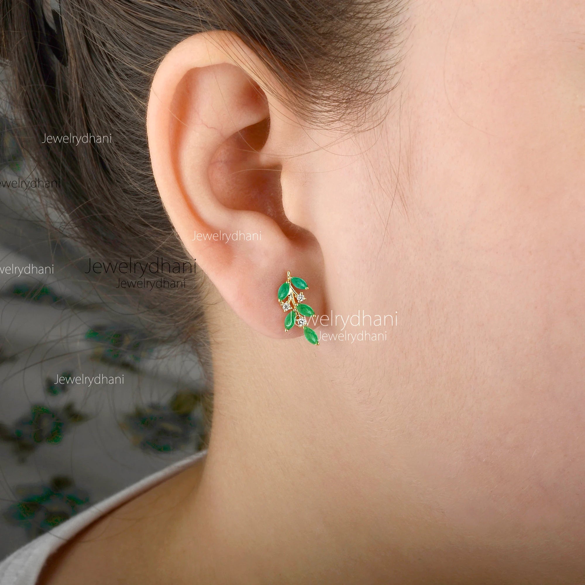 Emerald Leaf Climber Earrings: 18K Gold Diamond Cuff, Handmade