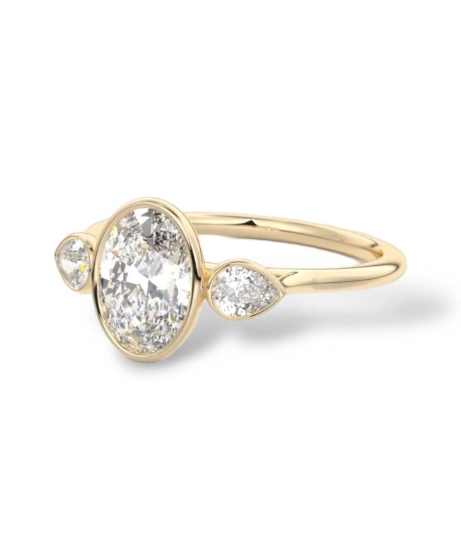2Ct Oval Cut Moissanitethree Stone Ring, Engagement Ring, 14K Solid Gold Ring, Wedding Ring