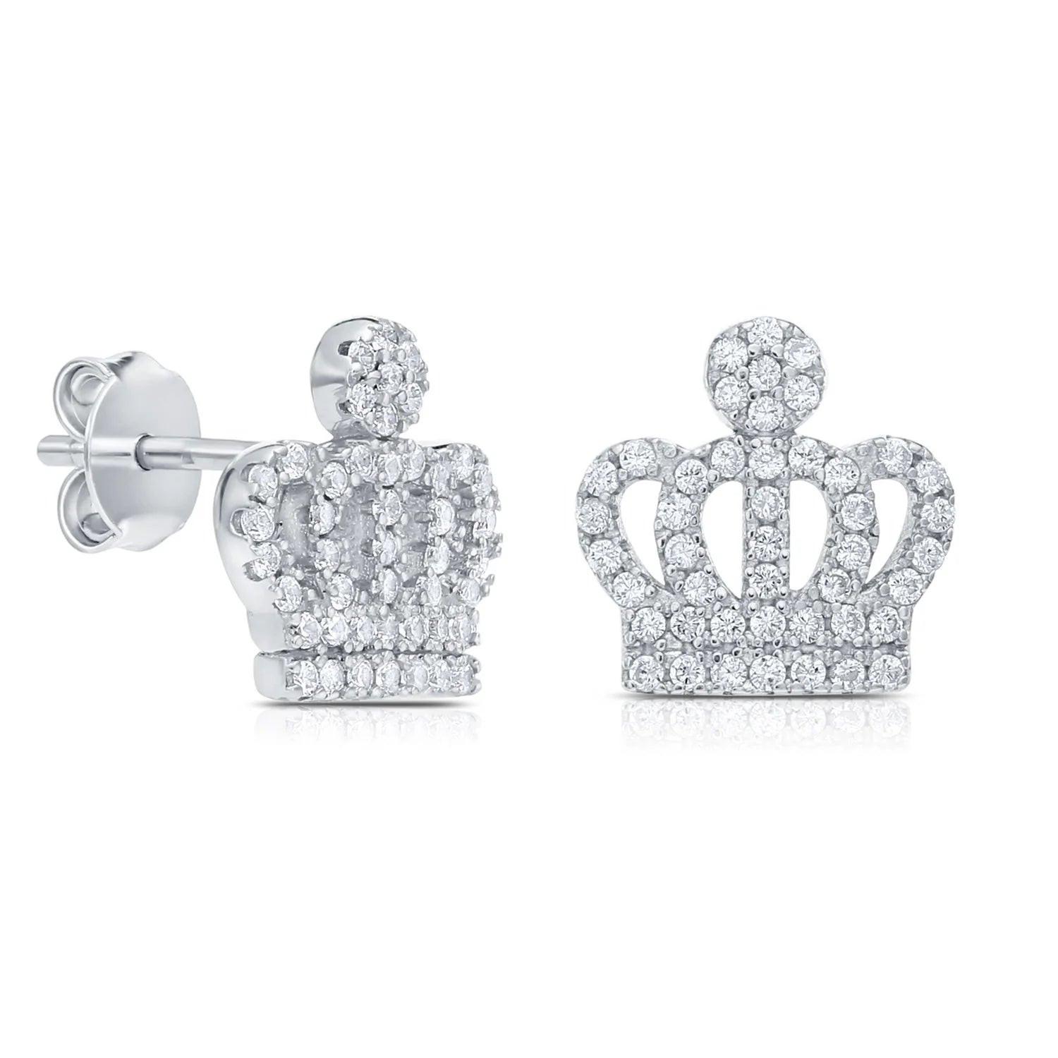 Elegant CZ Royal Crown Sterling Silver Stud Earrings.