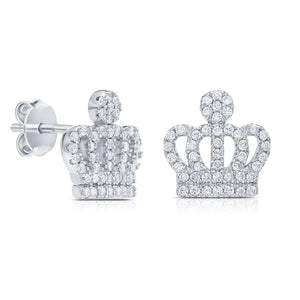Elegant CZ Royal Crown Sterling Silver Stud Earrings.