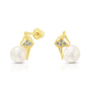 10K Yellow Gold Ballerina with Pearl Stud Earrings