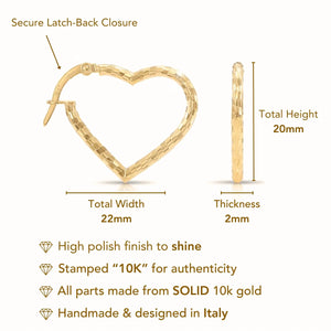Solid 10K Yellow Gold Heart Shape Hoop Earrings, with Secure Lever Backs, Diamond-Cut Pattern, Italian Style Design, Made in Italy