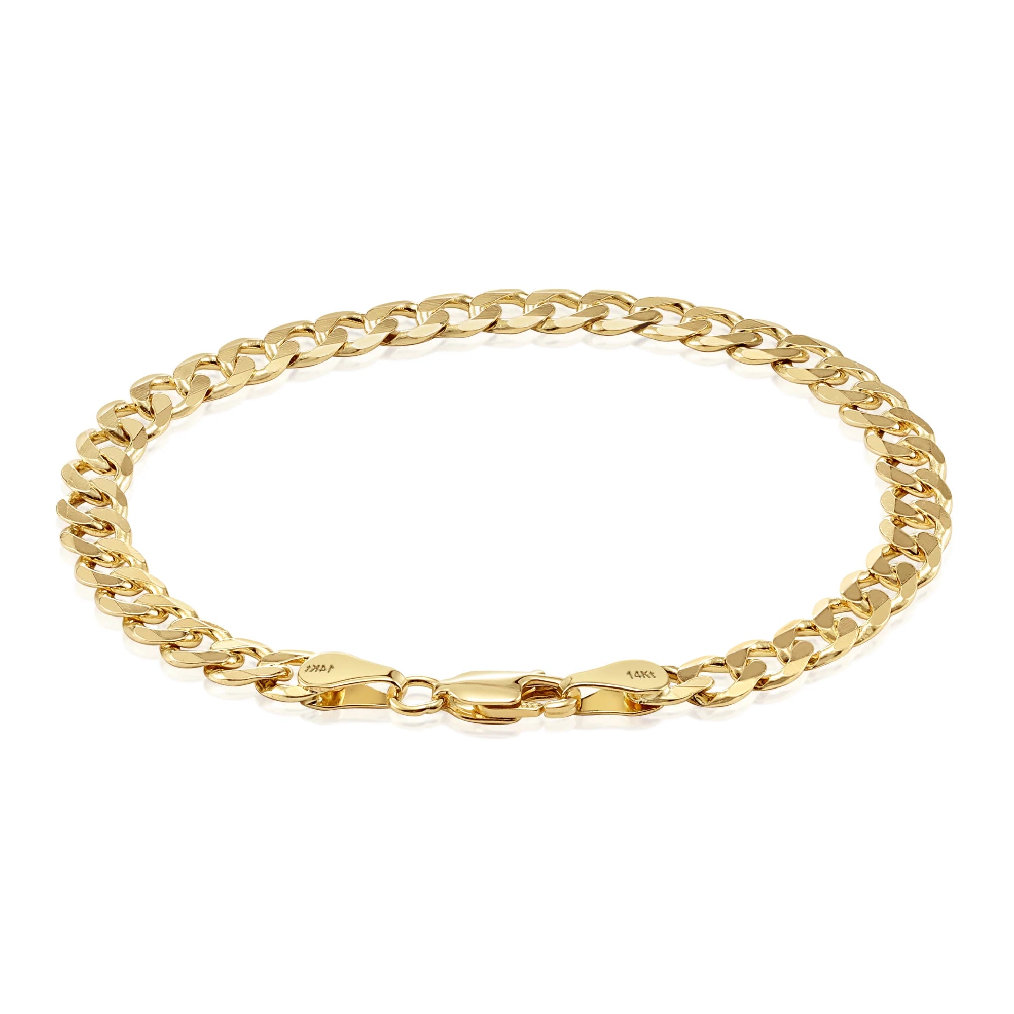 14K Solid Yellow Gold Curb Link Chain Bracelet, 7 Inches