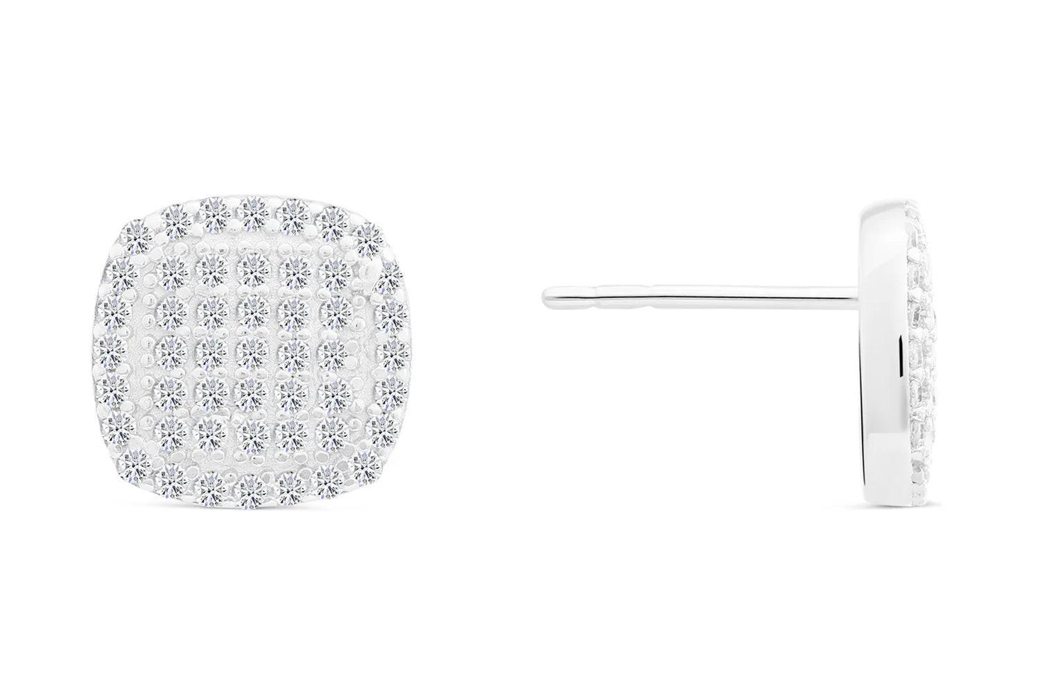 Sterling Silver CZ Pave Square Stud Earrings - Unisex Elegance.