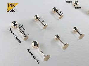 14K Solid Gold Thin Circle Earrings - 3mm & 4mm Piercing with Screw Ball Ends, Available in 4mm, 6mm & 8mm Post Barbell.