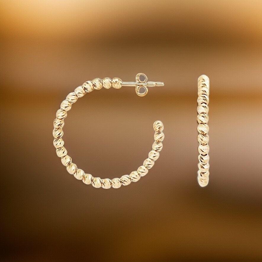 Elegant 14K Italian Gold Dainty Hoop Earrings with Beads.