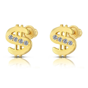 10K Yellow Gold Dollar Sign Stud Earrings, Unisex
