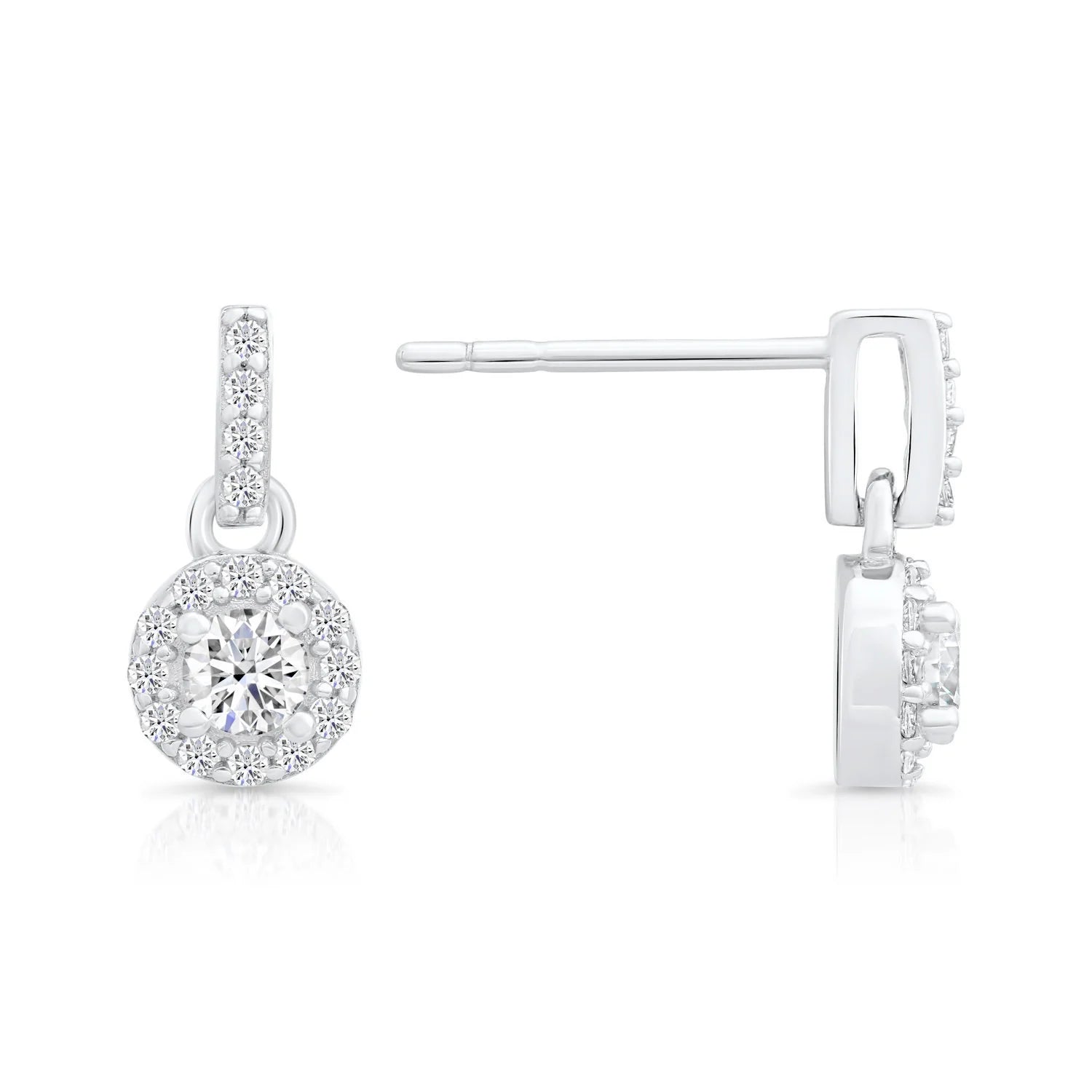 CZ Tiny round Halo Dangle Stud Earrings in Sterling Silver