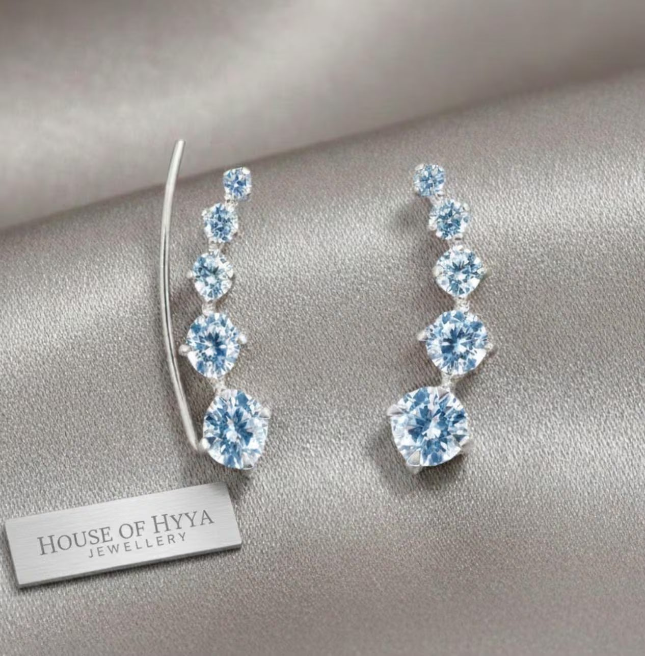 Sterling Silver Sapphire Blue CZ Ear Climbers, 18Mm