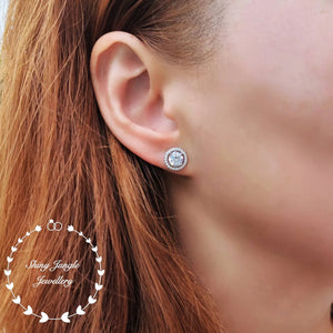 Diamond Stud Earrings, Delicate Halo Diamond Simulant Studs, 14K White Gold and Rose Gold Plated Sterling Silver, Birthday Gift with Box