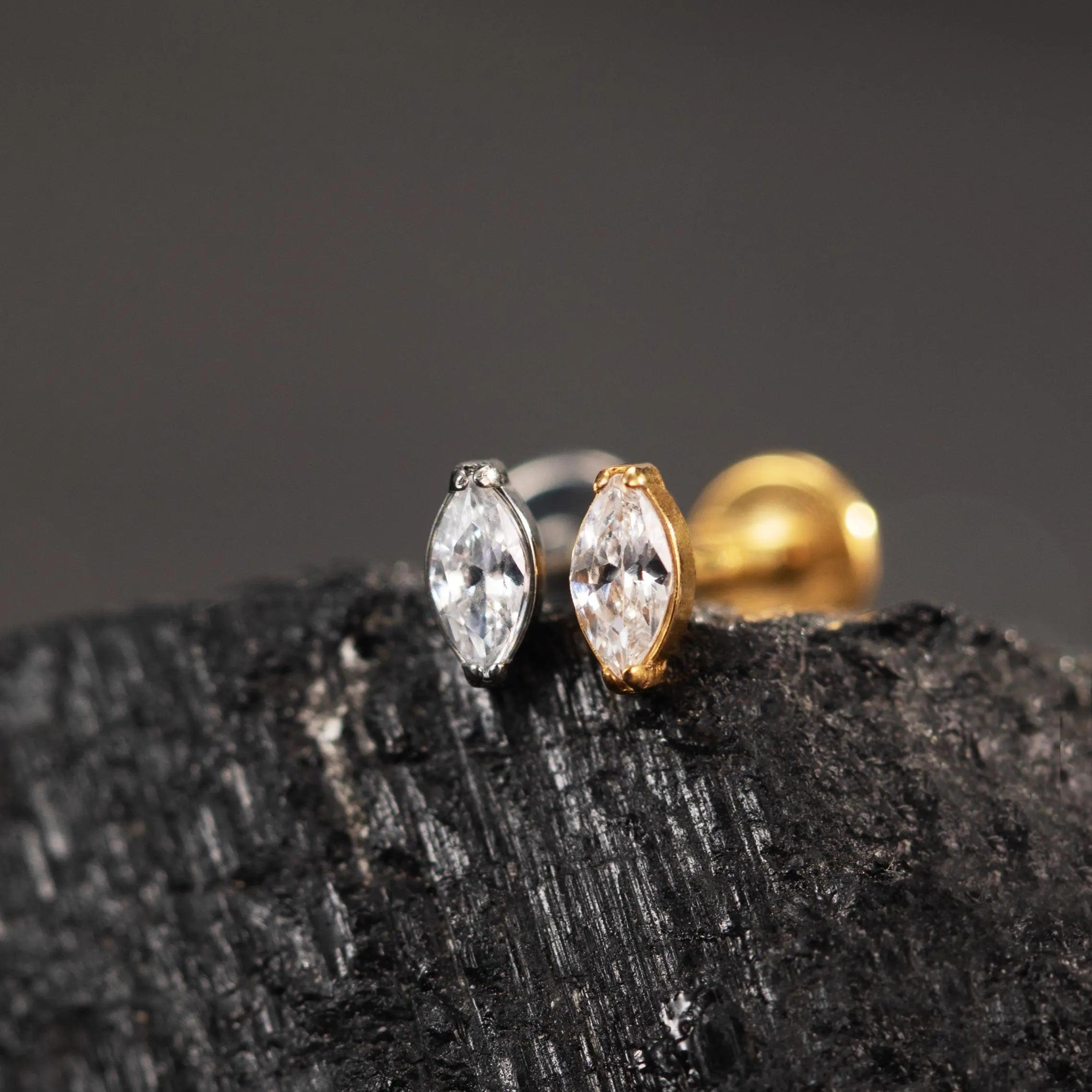 Premium Implant Grade Titanium Marquise Threadless Push Pin Labret Earrings - Flat Back Design for Comfort and Style.
