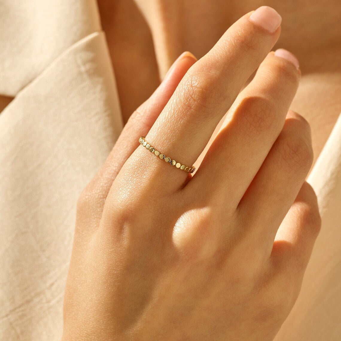 10K Solid Gold Bead Ring: Dainty Handmade Stacking Ring