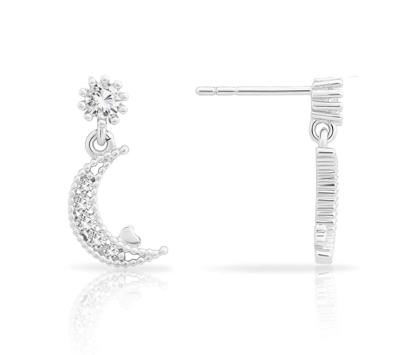 Stunning Tiny Moon & Star CZ Stud Earrings in Sterling Silver.