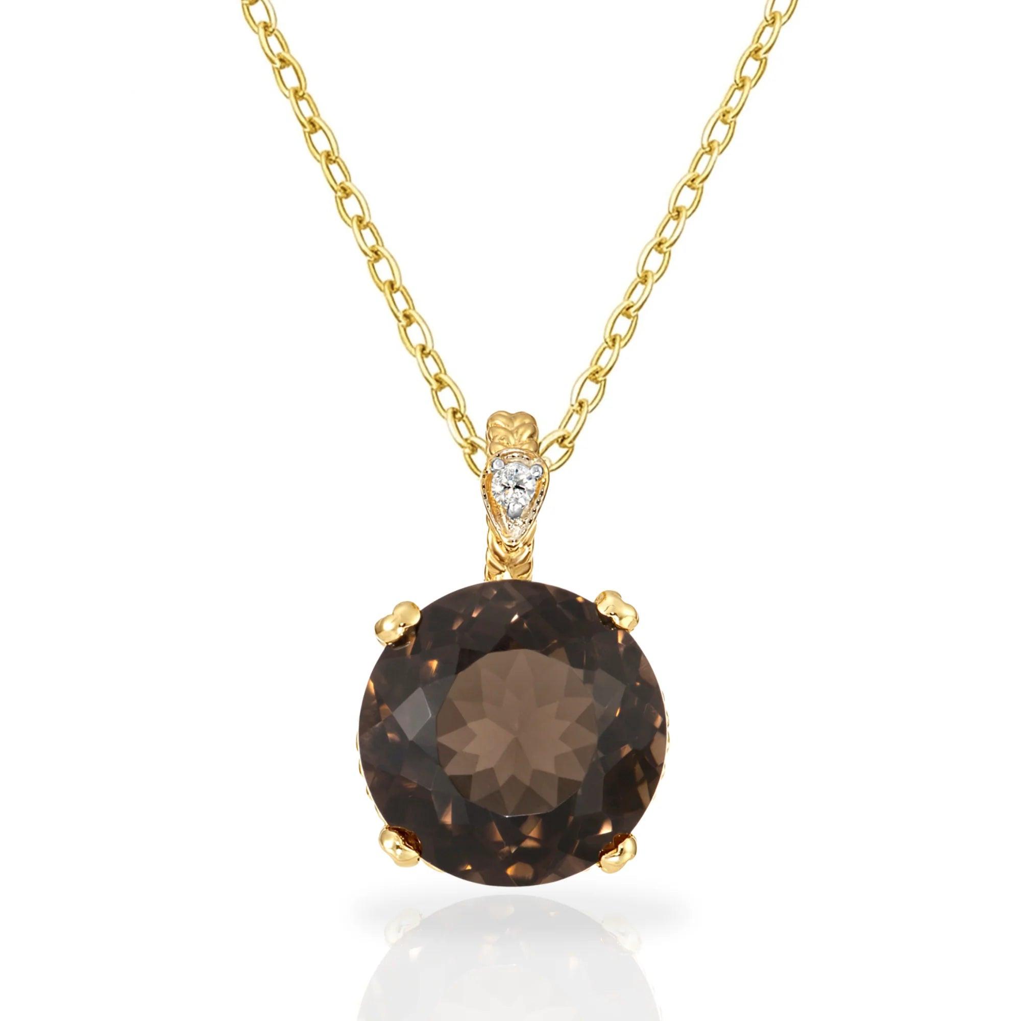 Elegant 14K Yellow Gold Smoky Quartz and Diamond Pendant Necklace.