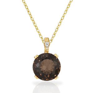 Elegant 14K Yellow Gold Smoky Quartz and Diamond Pendant Necklace.
