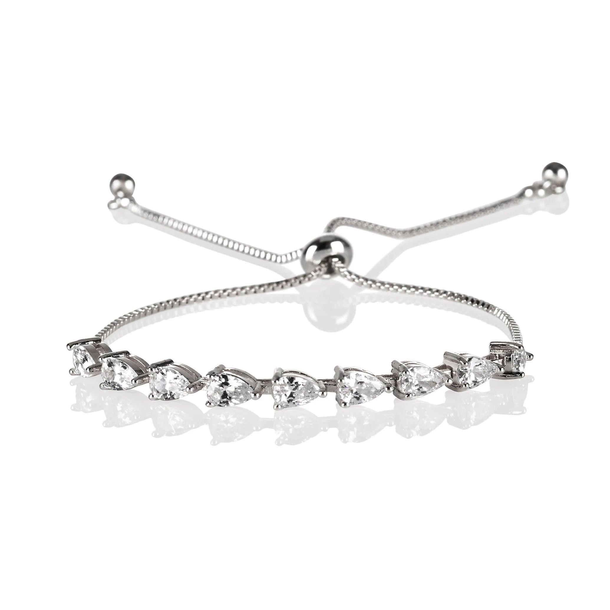 Elegant Dainty Silver CZ Slider Bracelet with Pear-Shaped Cubic Zirconia – Adjustable for Women & Girls.