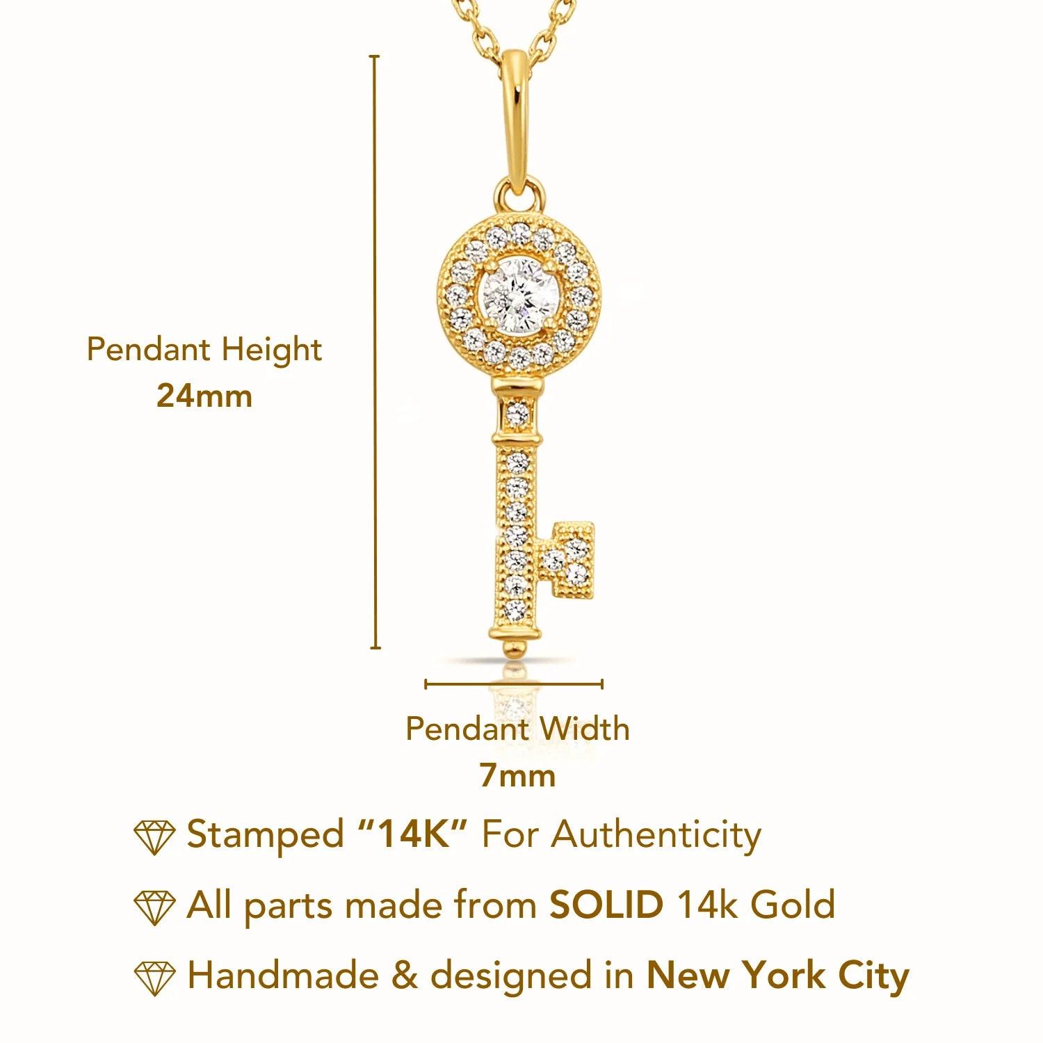Beautiful 14K Solid Yellow Gold Key Pendant Necklace with 18" Cable Chain.