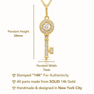 Beautiful 14K Solid Yellow Gold Key Pendant Necklace with 18" Cable Chain.