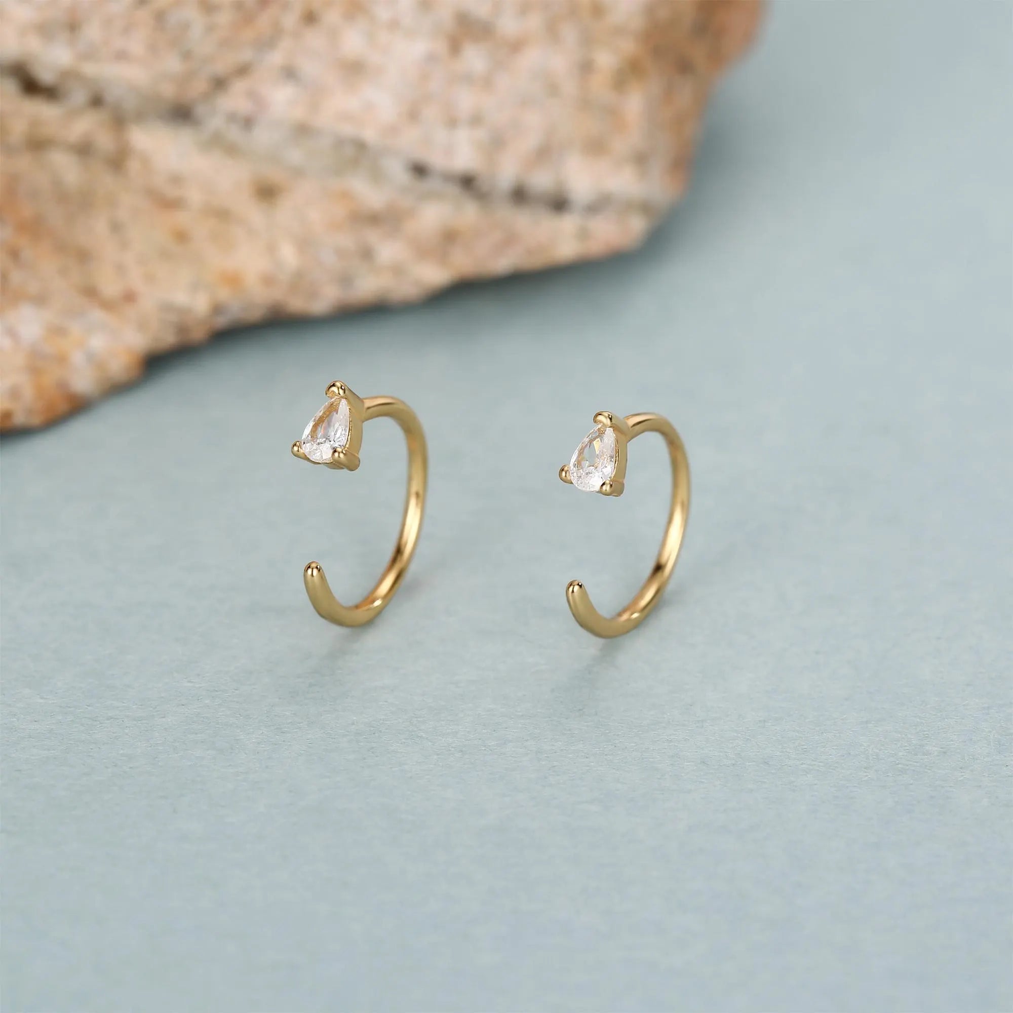 Clear CZ Droplet Huggie Hoop Earrings in Sterling Silver, Tiny Pear Cut CZ Open Hoops, Pull through Threaders, Half Hoops