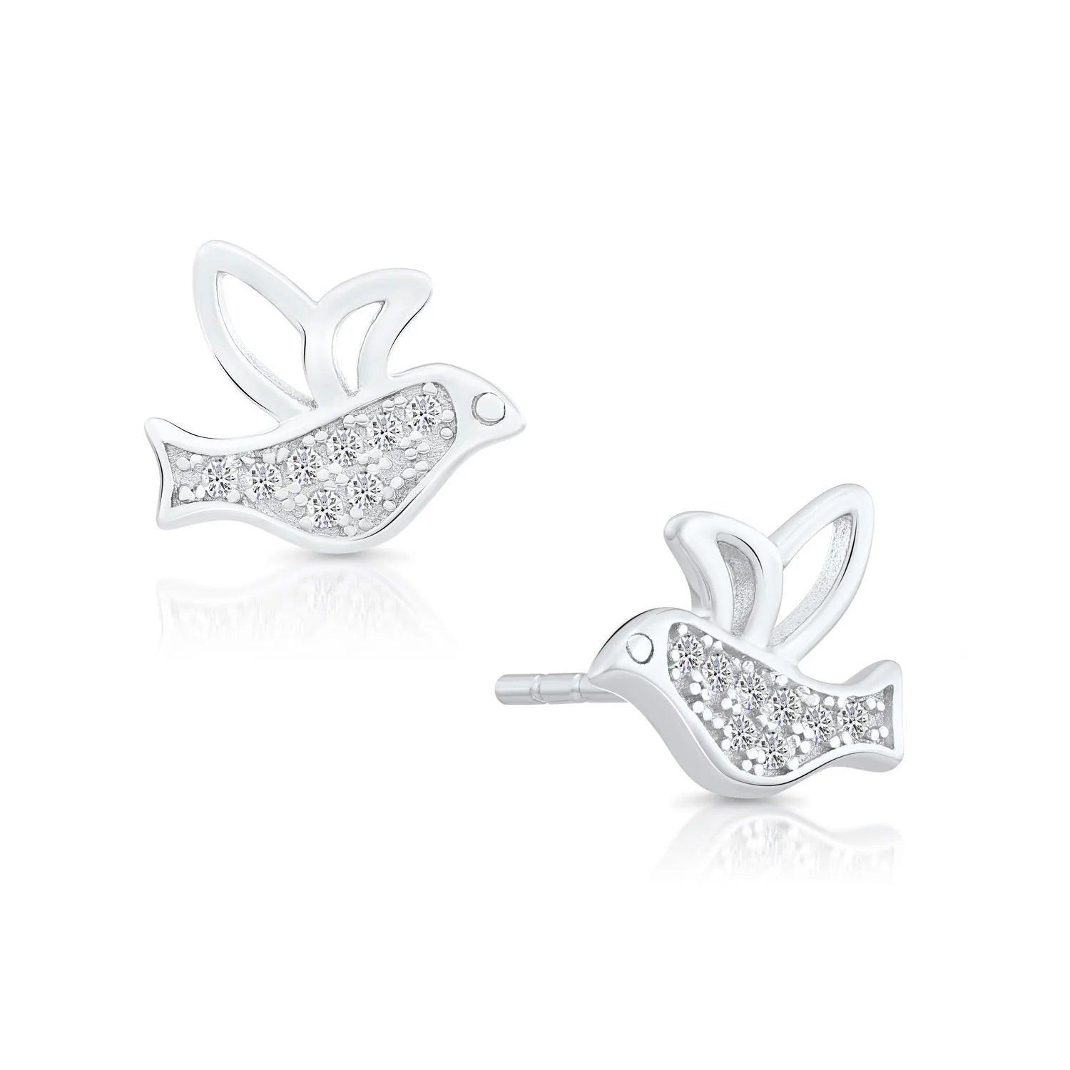 Sterling Silver CZ Little Bird Stud Earrings - Charming and Elegant Accessory.