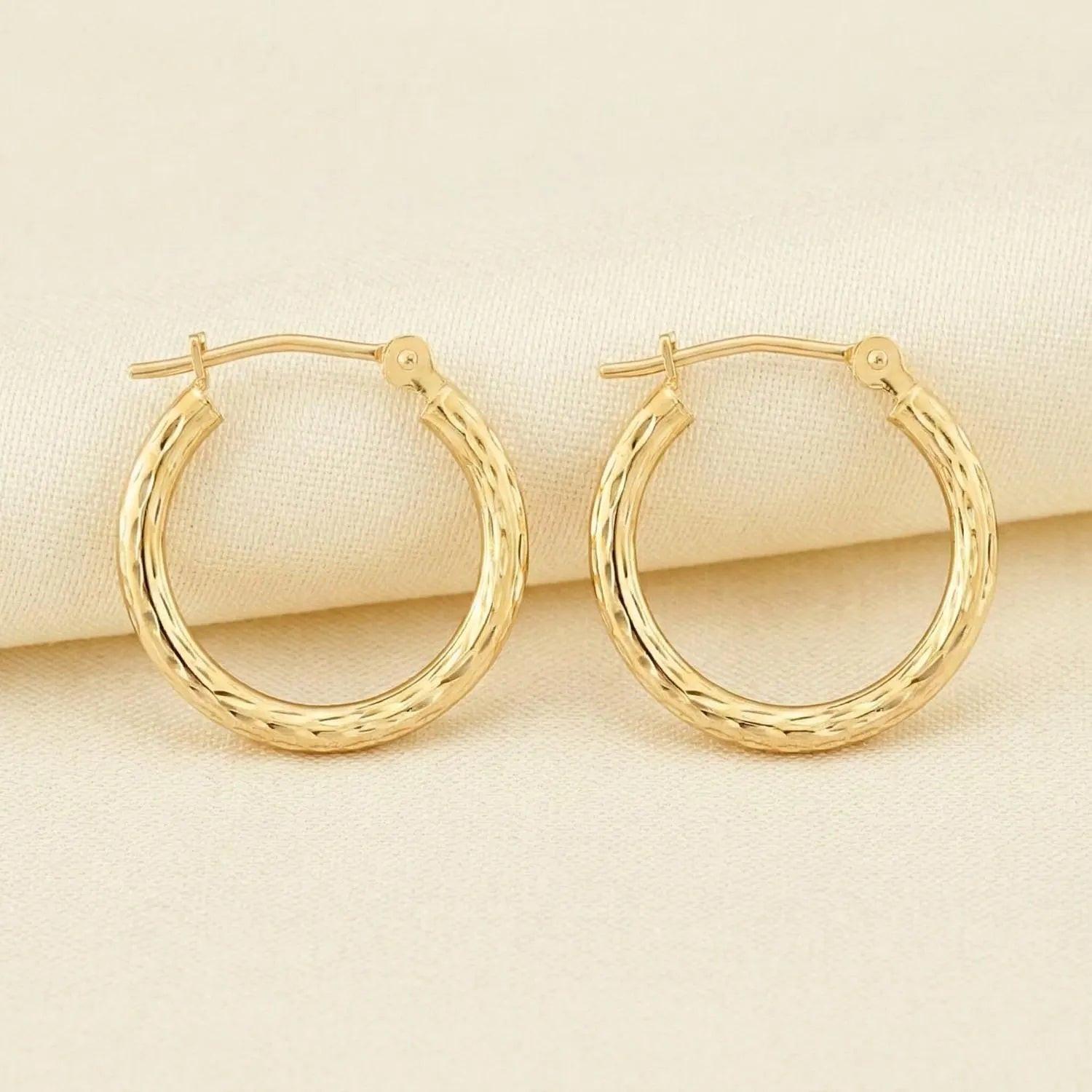 Stunning 10K Yellow Gold Hand-Engraved Diamond-Cut Hoop Earrings - Made in the USA!.
