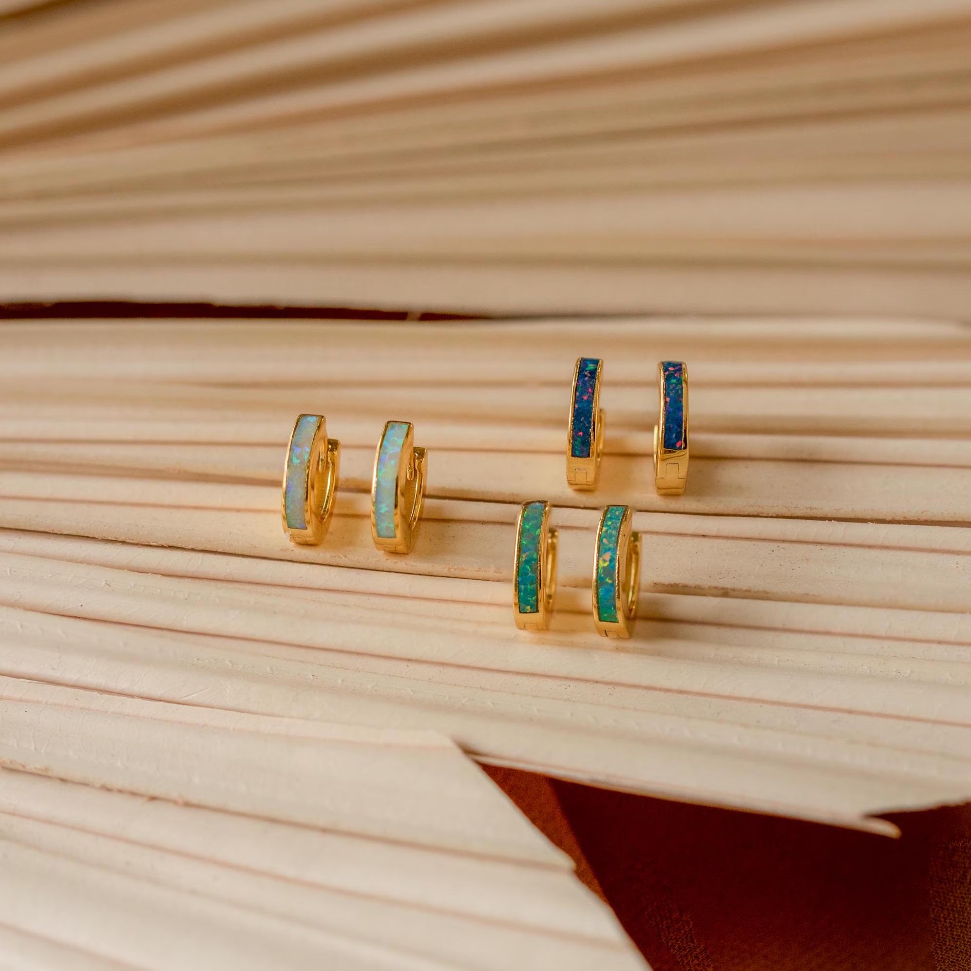 Opal Inlay Huggie Earrings Set by Caitlyn Minimalist • Dainty White Opal Earrings • Blue & Green Gemstone Hoops • Gifts for Wife • ER212
