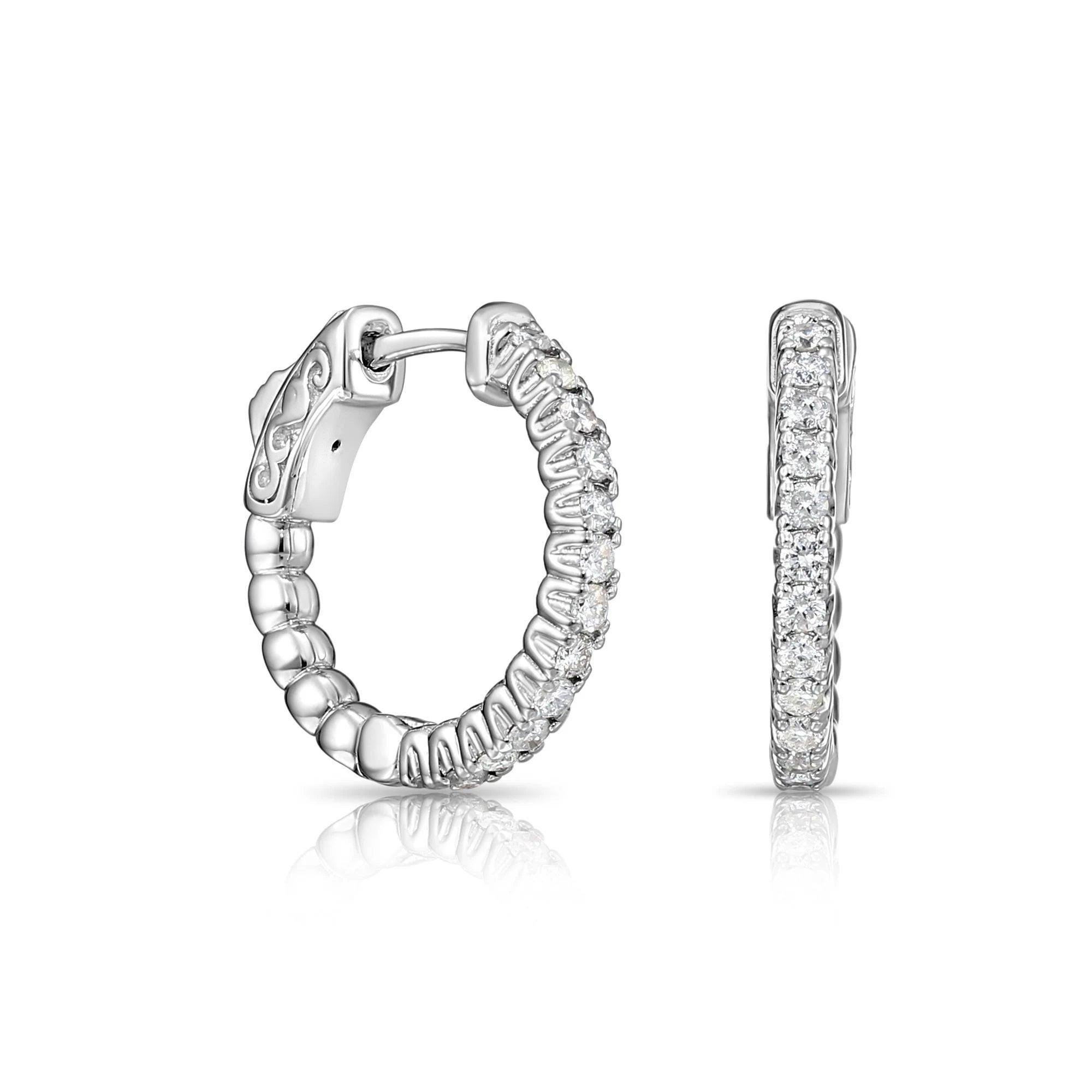 14K White Gold Diamond Half Eternity Huggie Hoop Earrings - 0.57 Carat Total Weight.