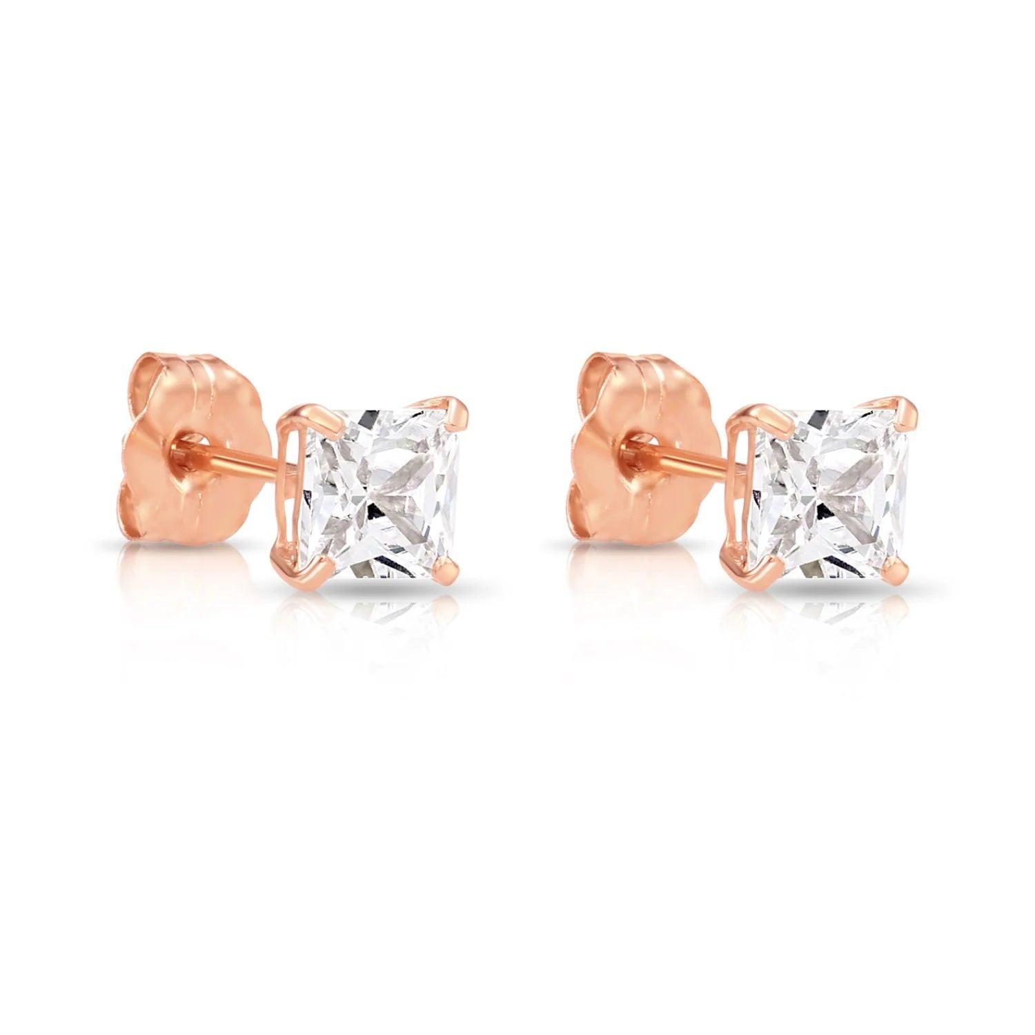 Stunning 14K Rose Gold Princess-Cut CZ Square Stud Earrings - 4mm with Secure Push-Backs.