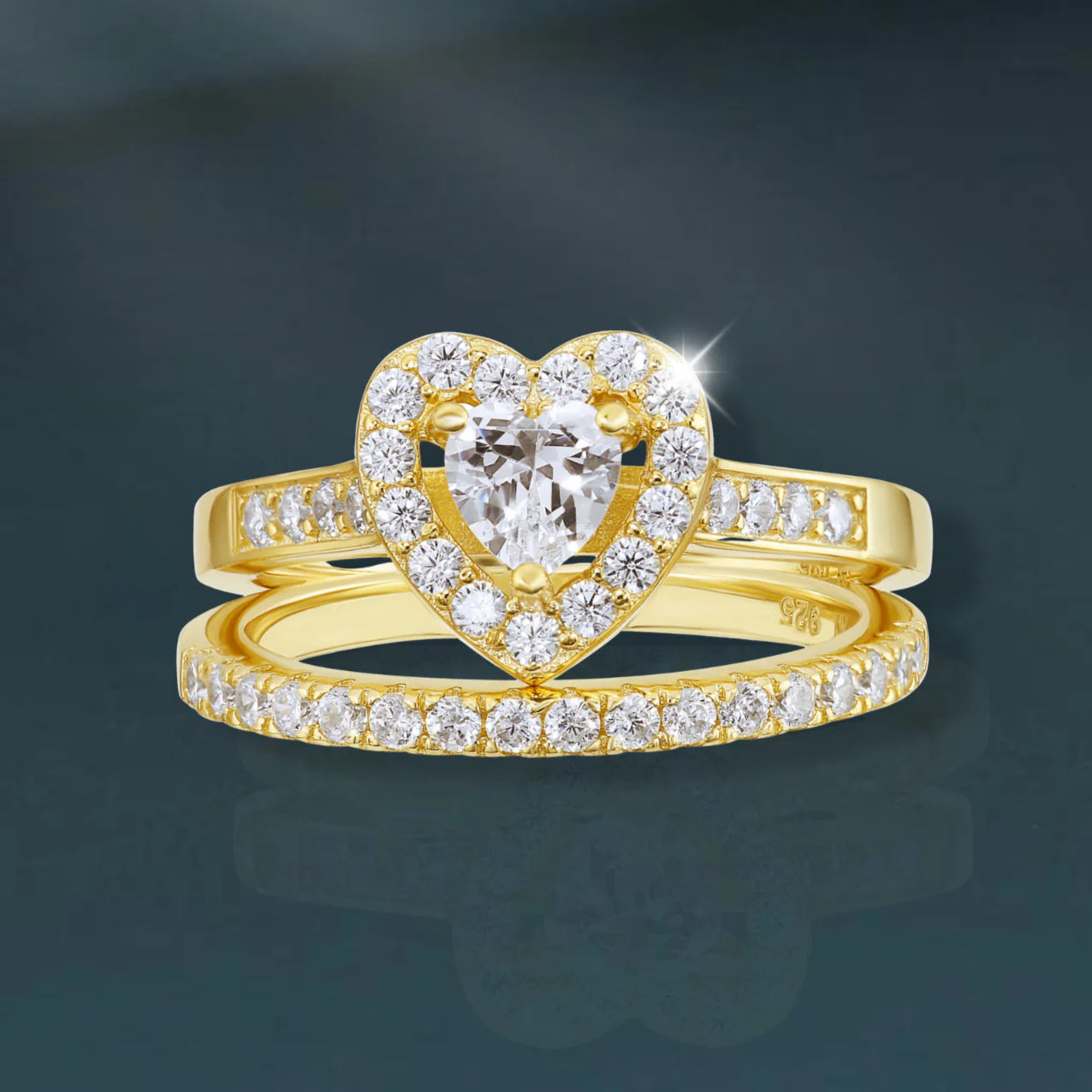 CZ Heart Engagement Ring Set, Gold Plated in Sterling Silver