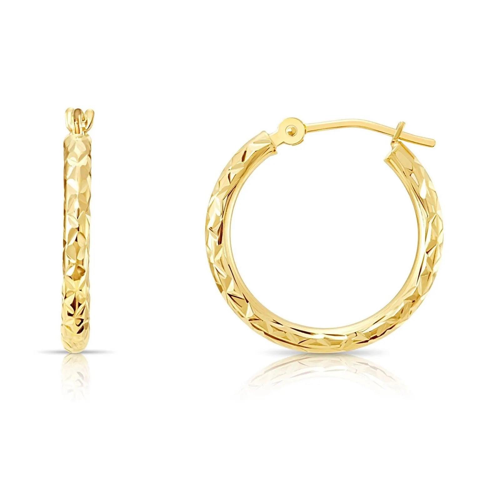 Stunning 14K Yellow Gold Diamond-Cut Hand Engraved "X-Pattern" Round Hoop Earrings - Available in Small, Medium, and Large by TILO Jewelry.