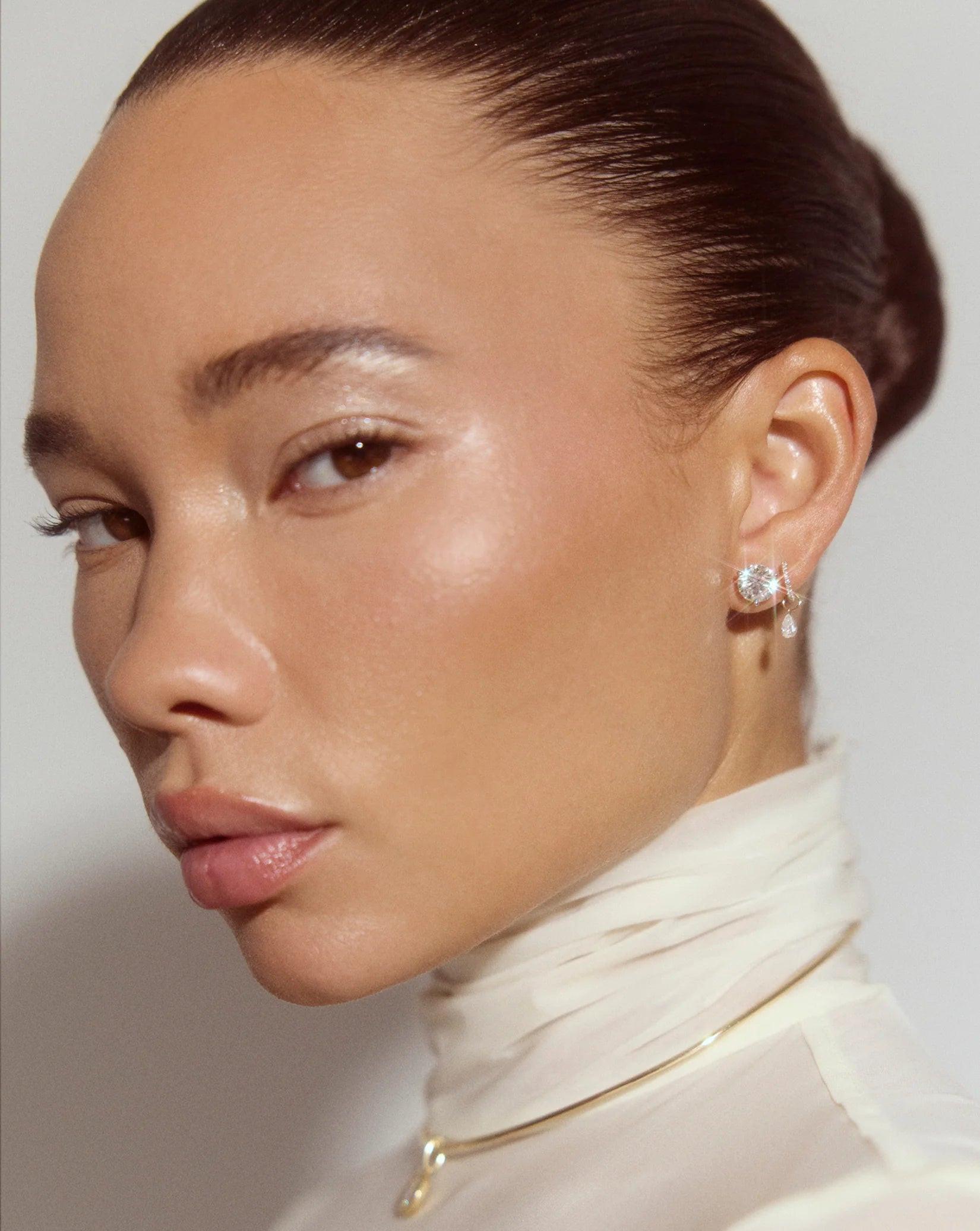 Radiant Pear Lab Diamond Huggie Charm Earrings.