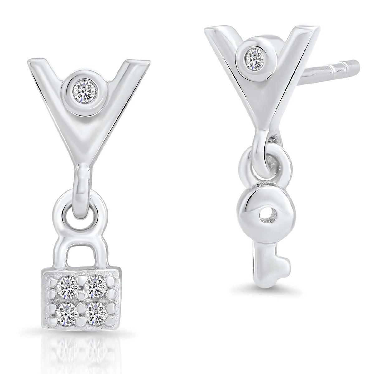 Elegant CZ Lock and Key Dangle Stud Earrings in Sterling Silver.
