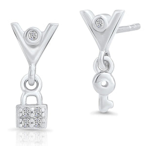 Elegant CZ Lock and Key Dangle Stud Earrings in Sterling Silver.
