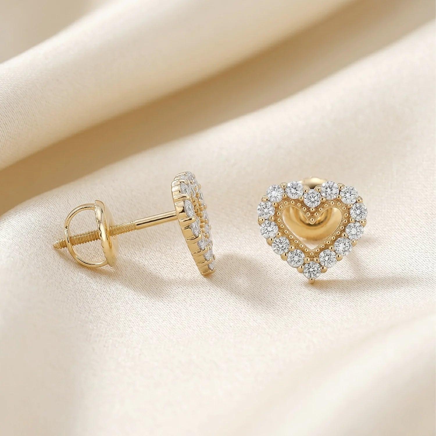 Stunning 14K Yellow Gold Heart Lab Diamond Studs - 0.25ctw with Secure Screwback Closure.