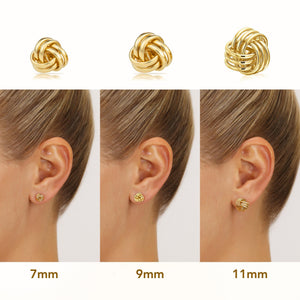 14K Gold Love Knot Push-Back Stud Earrings – 7mm, 9mm, 11mm for Friendship & Unity.