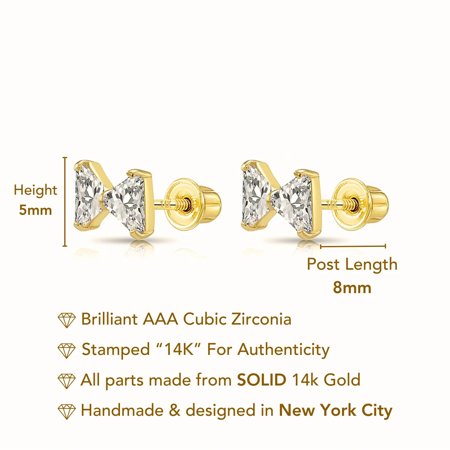 14K Solid Yellow Gold Triangle CZ Ribbon Bow Studs, Screwback